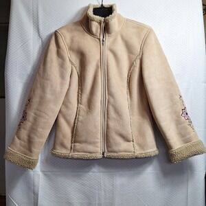L.L. BEAN Faux Suede Sherpa Lined Floral Embroidered Jacket Sz XS Beige Boho EUC